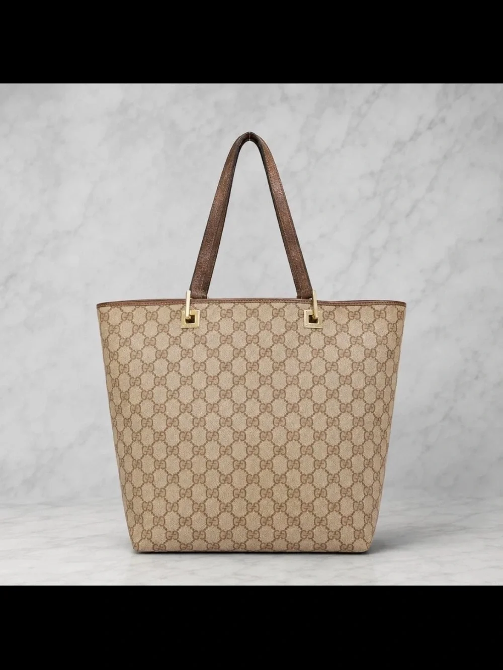 Gucci Beige GG Canvas Tote with Brown Trim